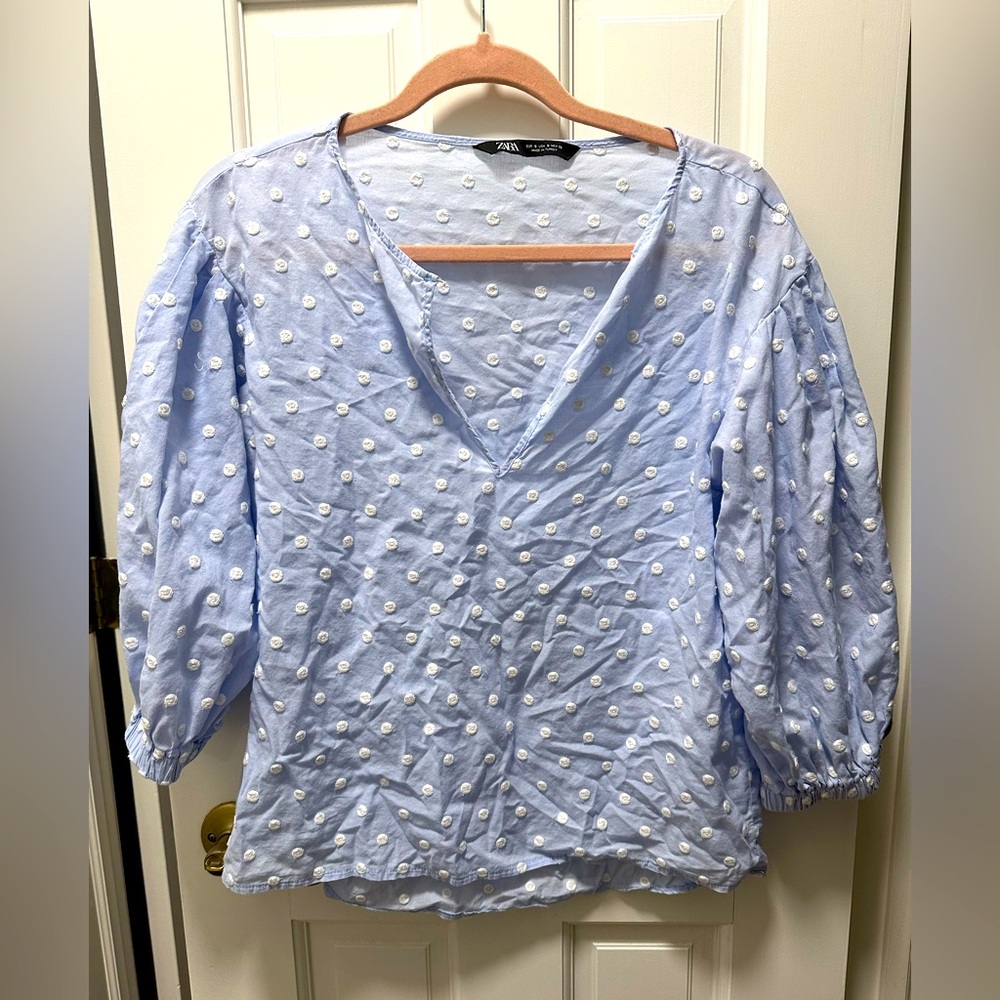Zara Light Blue Blouse with White Polka Dots